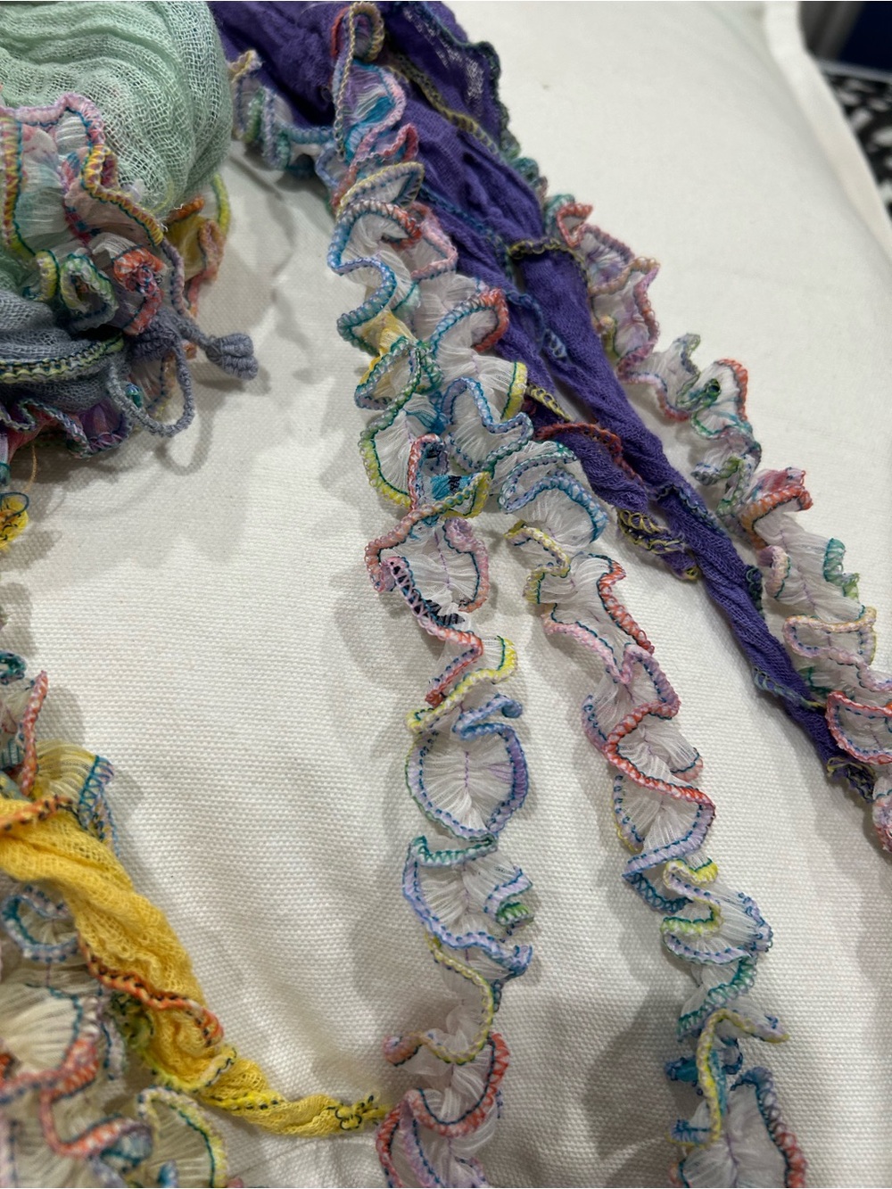 handmade Pastel Ruffled Lightweight long Scarf - Yellow, Mint & Lavender - Picture 2 of 4